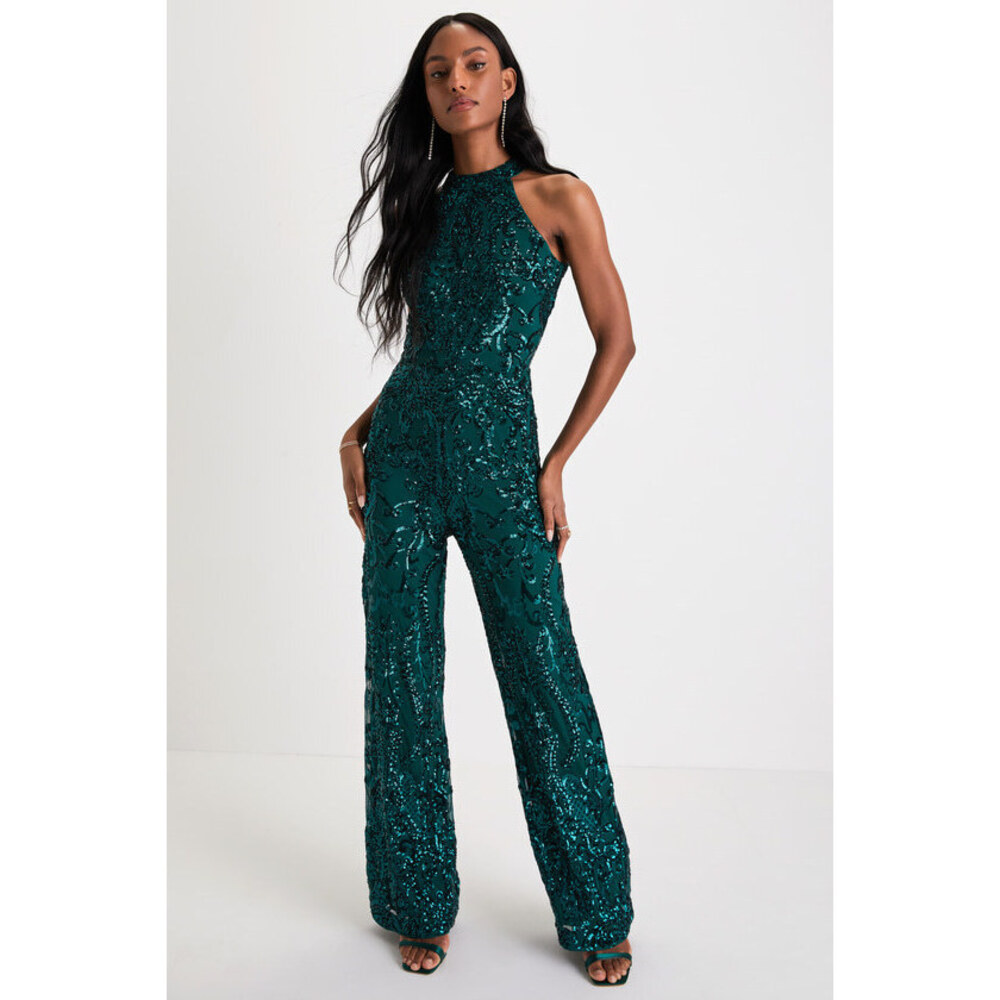 Lulus Exceptional Glam Emerald Green Sequin Wide-leg Halter Jumpsuit - Size S